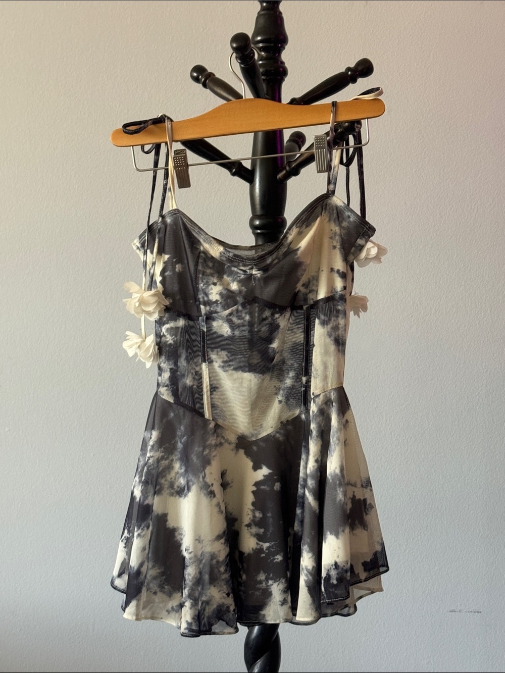 Ripe Black and Cream Mesh Tie-Dye Dress with Floral Appliqué 14.B